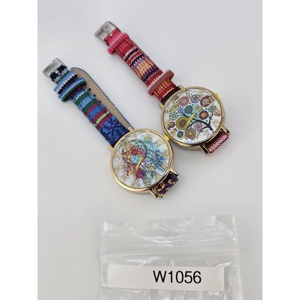 2X Women Watch 38MM Multicolor‎ Dial Multicolor Leather Fabric Bands NEW Battery